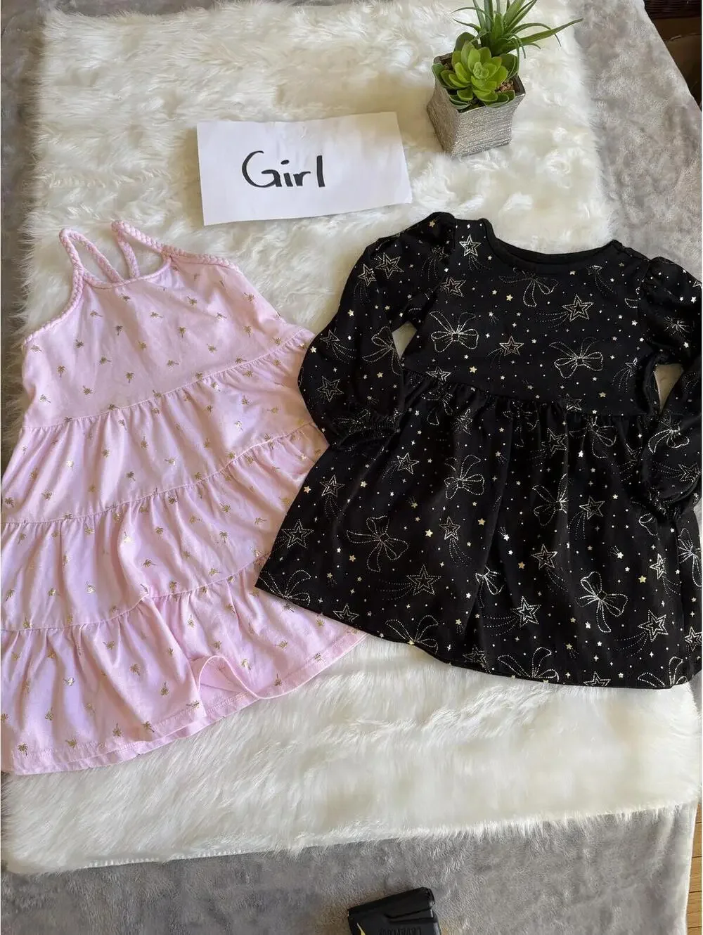 Girls Pink Sleeveless & Black Long Sleeve Gold Star Dress